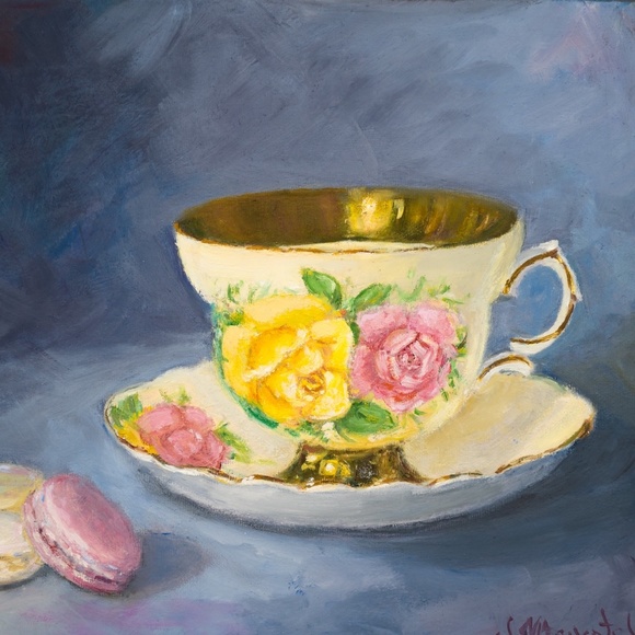 "Yellow cup  rose and three macaroons".Original oil painting on canvas  10" x 12 - Picture 2 of 5